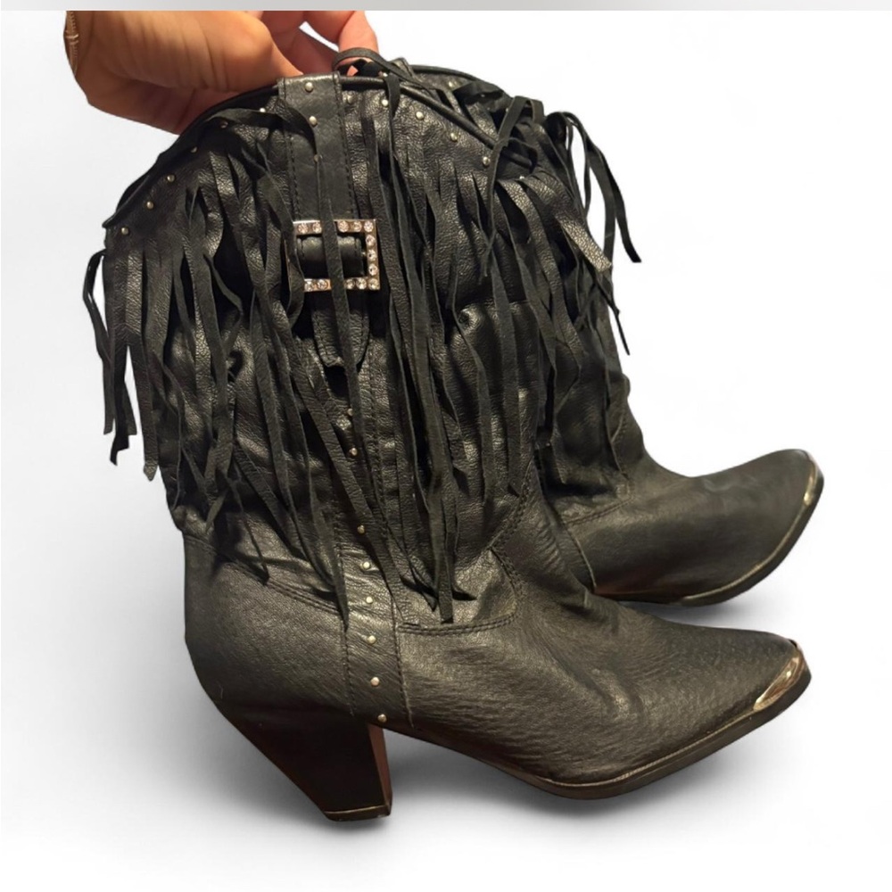 dingo Black Fringe Western Heeled Boots with Studs